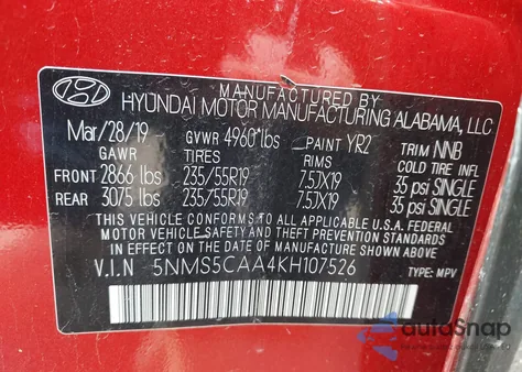 2019 Hyundai Santa Fe Limited 2.0T z USA, uszkodzony, nr VIN 5NMS5CAA4KH107526